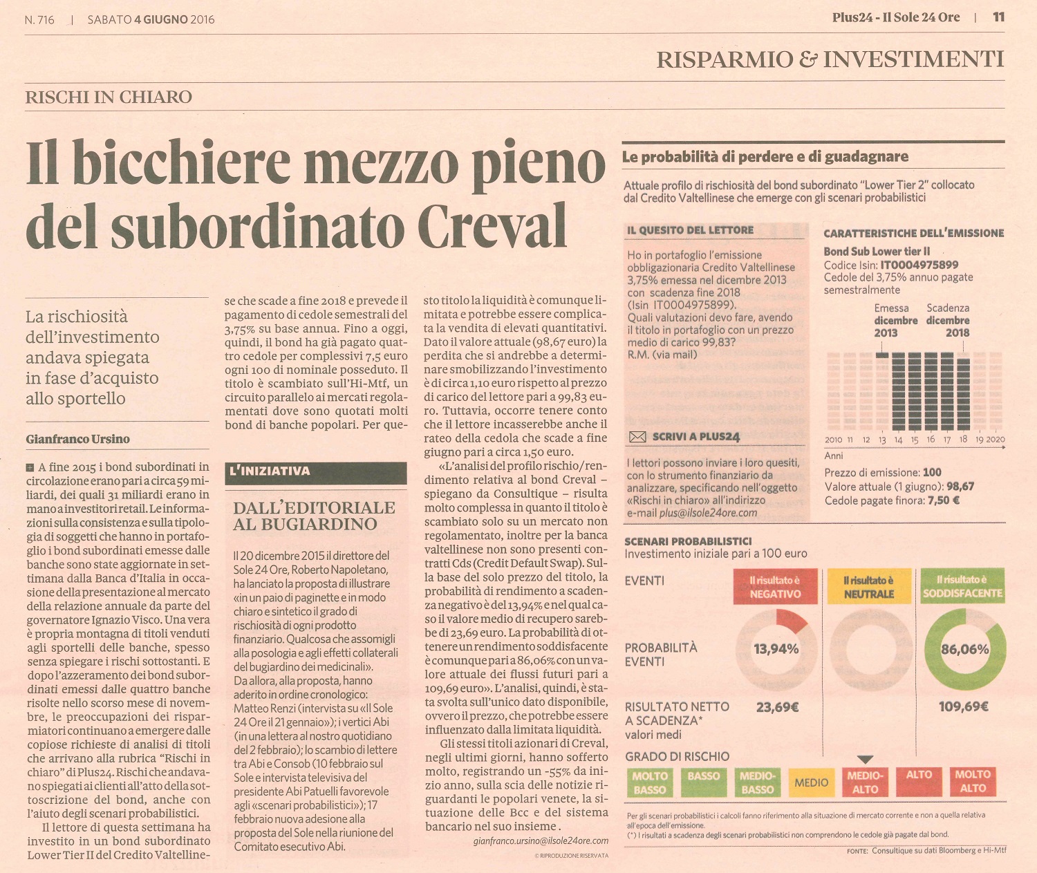 Il bicchiere mezzo pieno del subordinato Creval